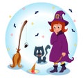 The little witch, the cat and the broom are looking at the fallen ice cream. Royalty Free Stock Photo